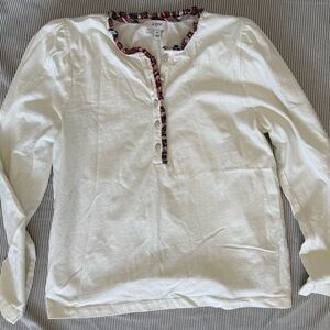 J. Crew White Long-Sleeve Henley with Pink/Black Trim